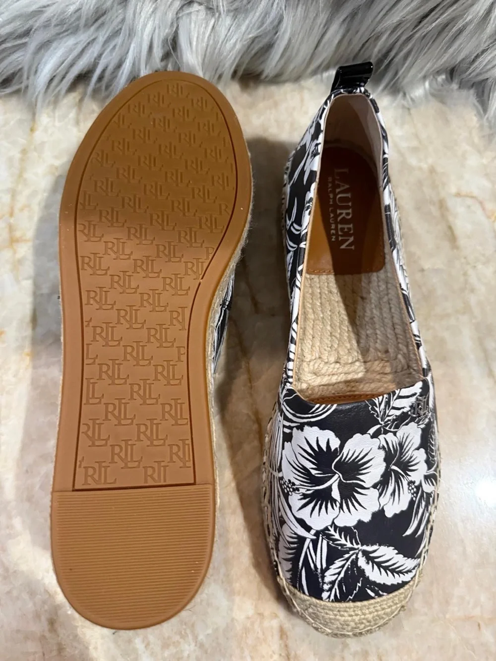 Lauren Ralph Lauren Espadrille Flats Womens 6.5 Floral Cameryn Black Slip On